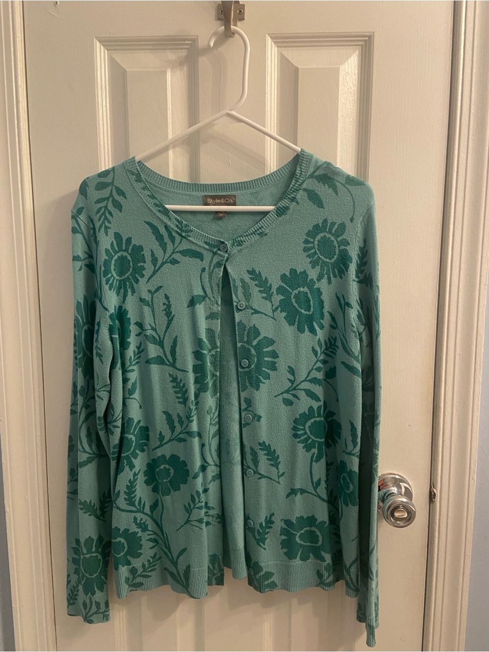 Style & Co. Teal Floral Button-Up Cardigan
